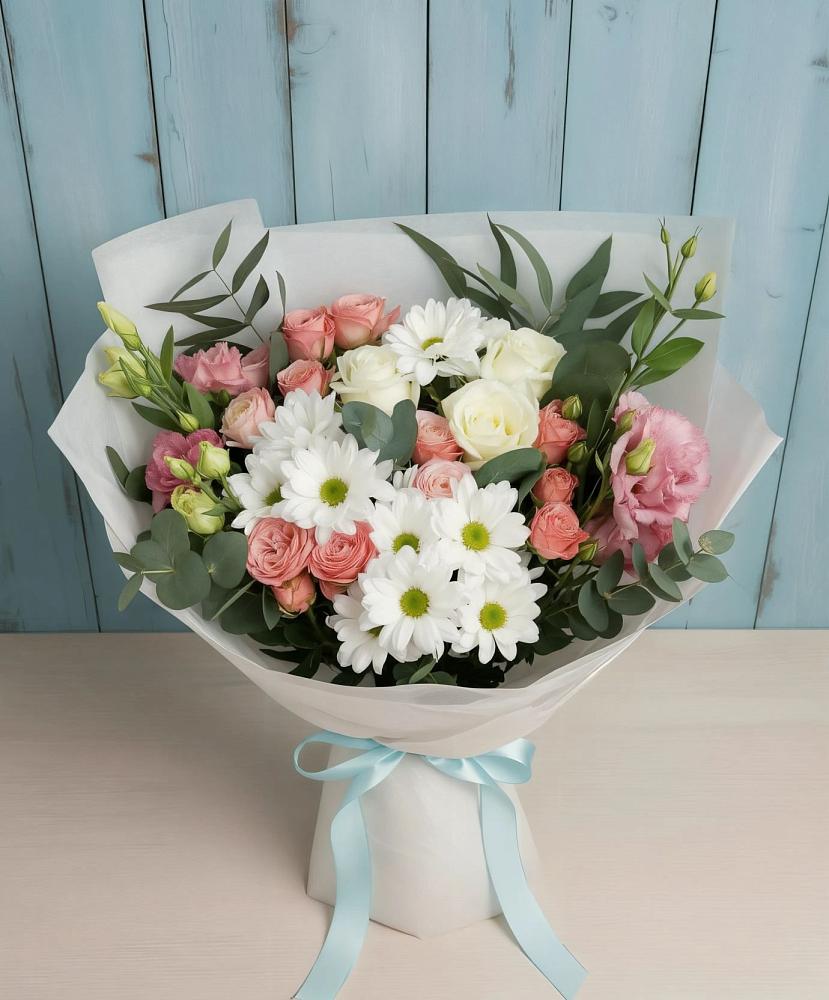Букет цветов из: Розы, Лизиантусы и Хризантемы в Верхозиме