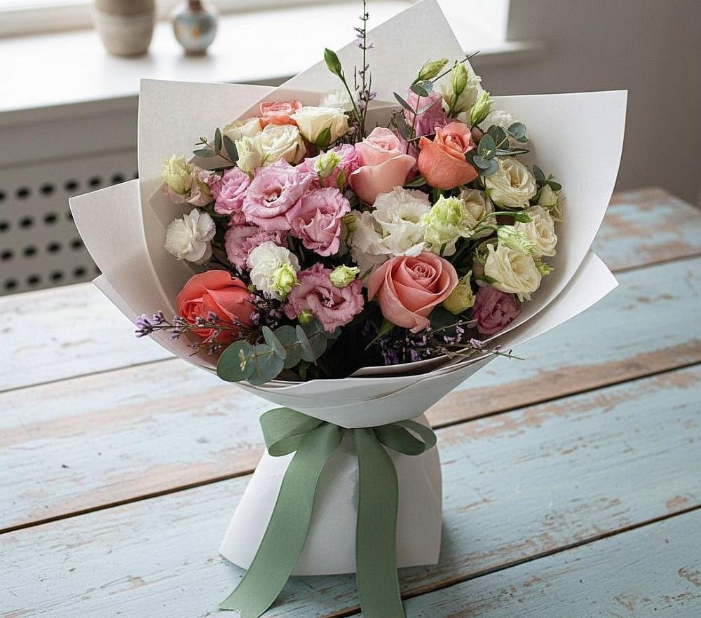 Букет цветов из: Розы, Лизиантусы и Гвоздики в Верхозиме