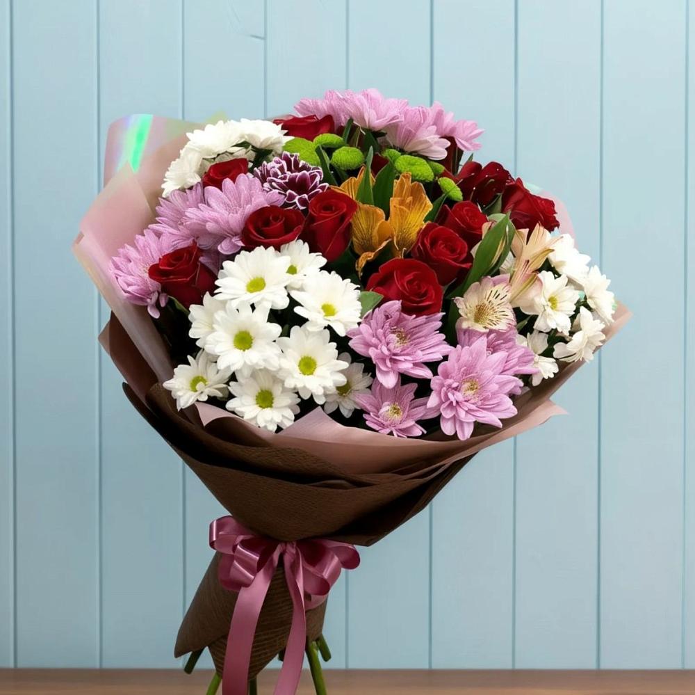 Букет цветов из: Розы, Хризантемы и Альстромерии в Верхозиме