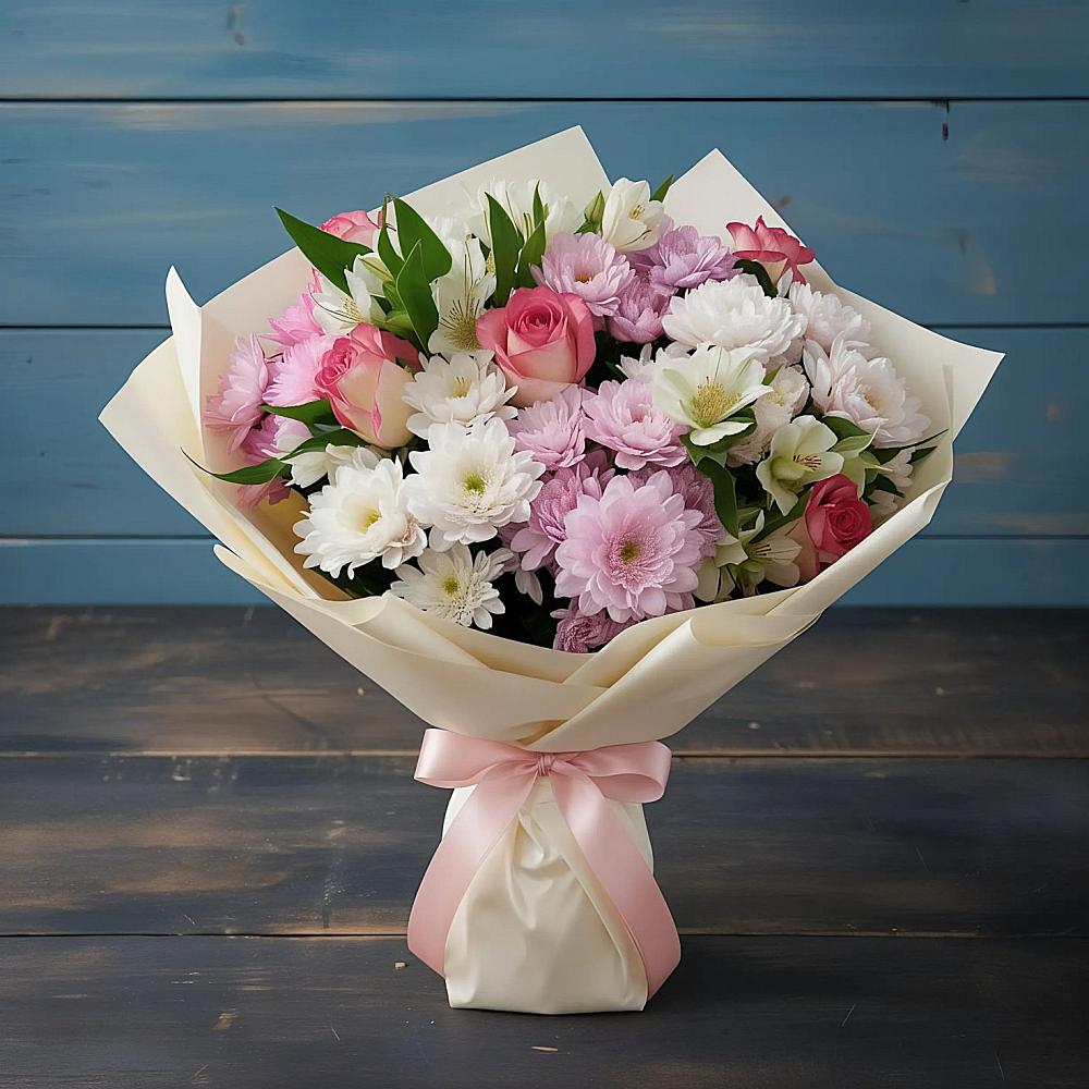 Букет цветов из: Хризантемы, Альстромерии и Розы в Верхозиме